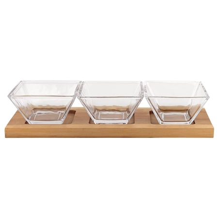 Homeroots 4 in. Mouth Blown Crystal Hostess Set with 3 Glass Condiment or Dip Bowls on a Wood Tray - 4 Piece 375724